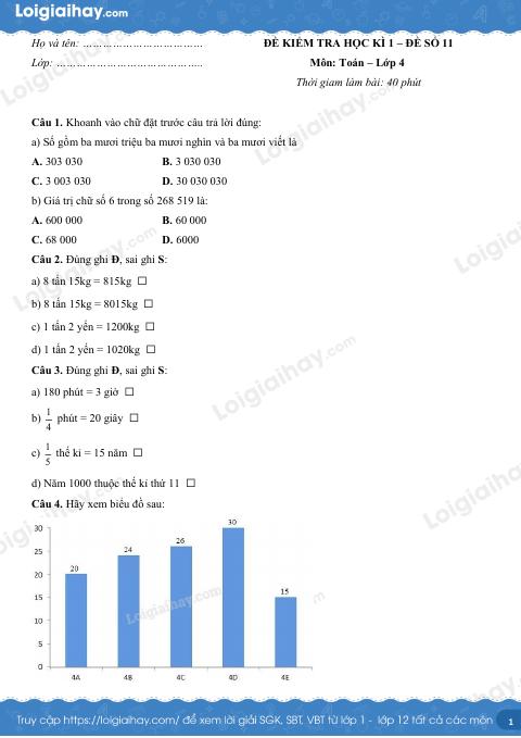Đề số 11 - Đề kiểm tra học kì 1 - Toán lớp 4